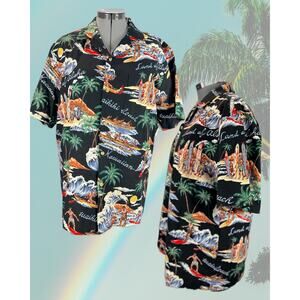 Vintage 90s Styled by RJC Ltd. Surfers Canoes islands on Black Hawaiian Shirt L